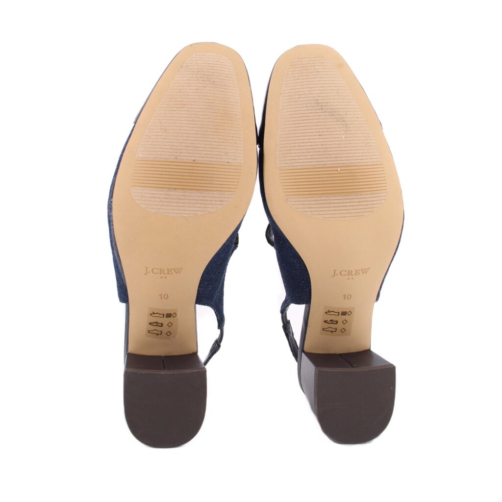 Blue denim heel soles showing J.CREW and size 10; black leather heel base