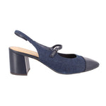 Blue denim slingback pump with black leather cap toe and square mid block heel