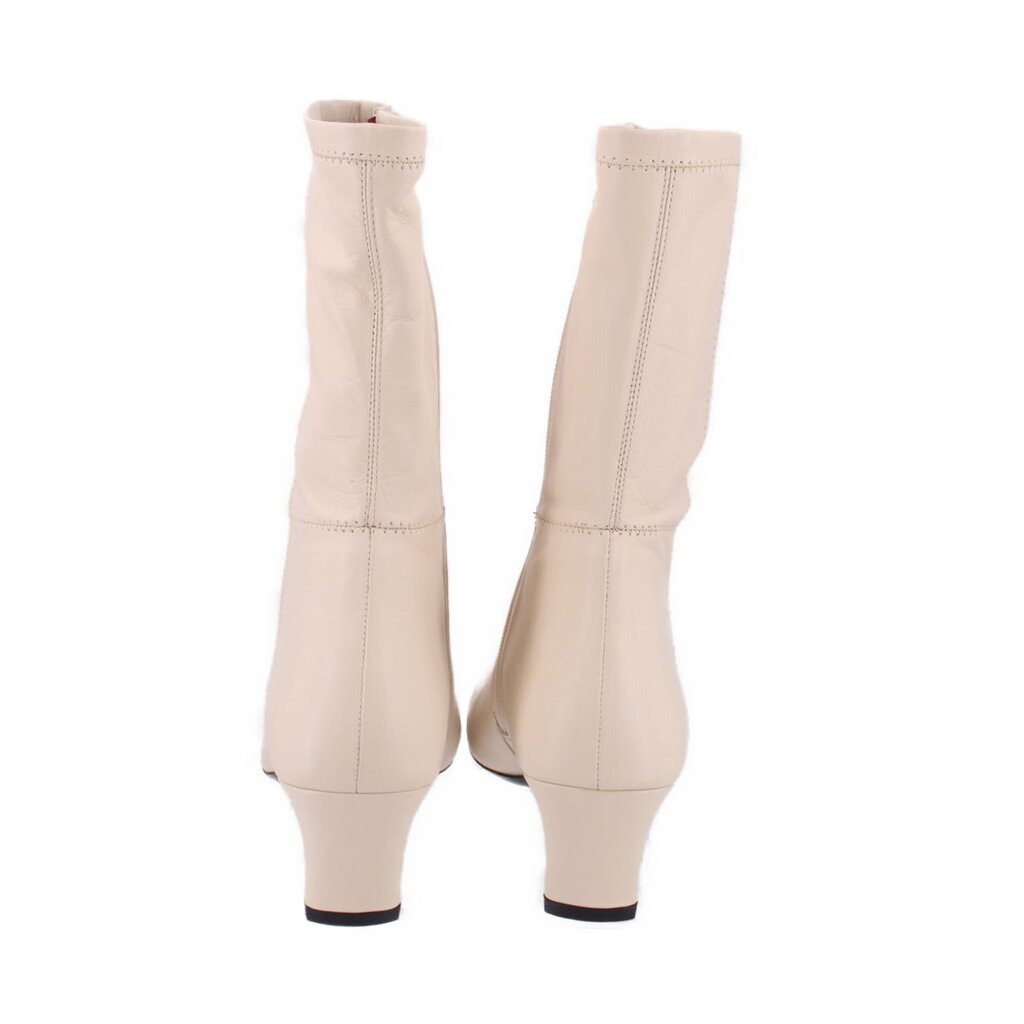 Cream leather knee-high boots, back view, with stitched seams and low stacked heel