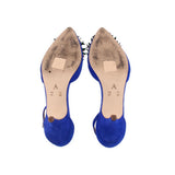 Blue suede heeled sandals with tan lining and size markings inside