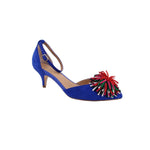 Blue suede heeled sandals with multicolor pom-pom applique