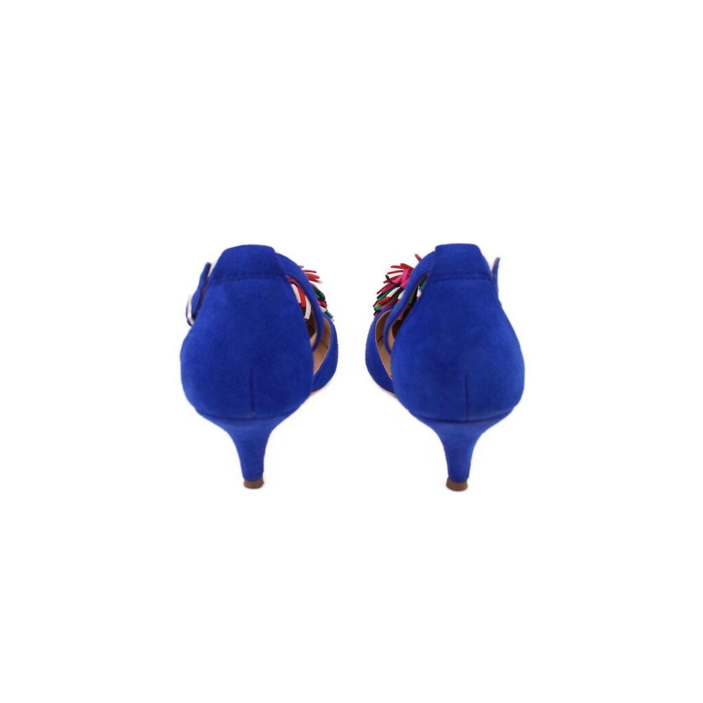Blue suede heeled sandals from the back with multicolor pom-pom detail