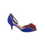Blue suede heeled sandals, side view, with multicolor pom-pom applique