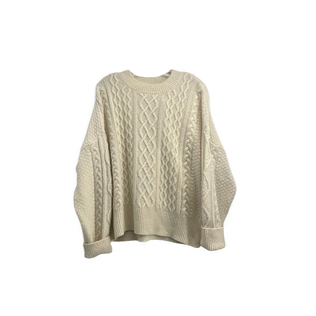 Cream cable-knit sweater with crew neck and long sleeves