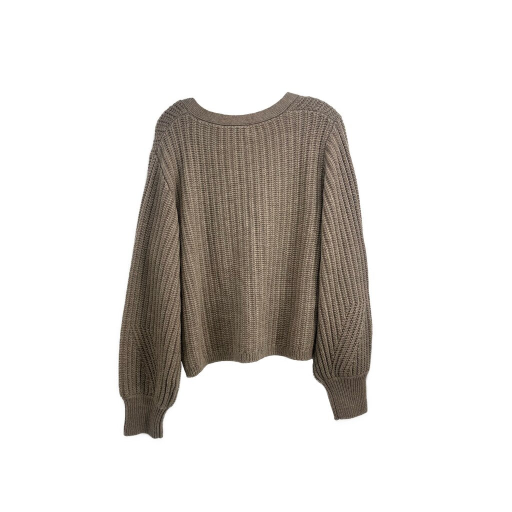 Brown cable-knit cardigan sweater with crew neck, long sleeves