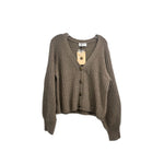 Brown cable-knit button-front cardigan with V-neck, long sleeves