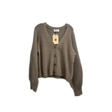 Brown cable-knit button-front cardigan with V-neck, long sleeves