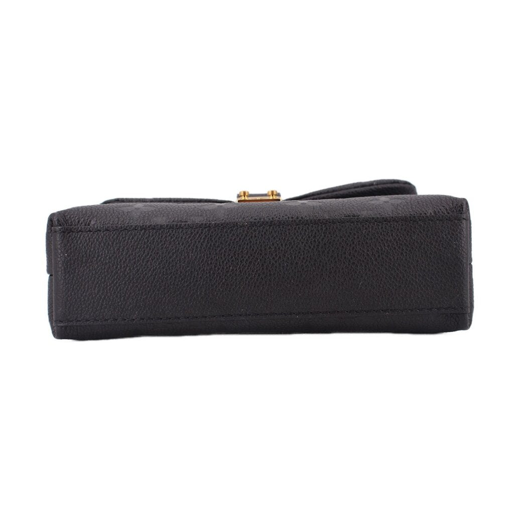 Black monogram mini crossbody bag base view with gold hardware at top hinge