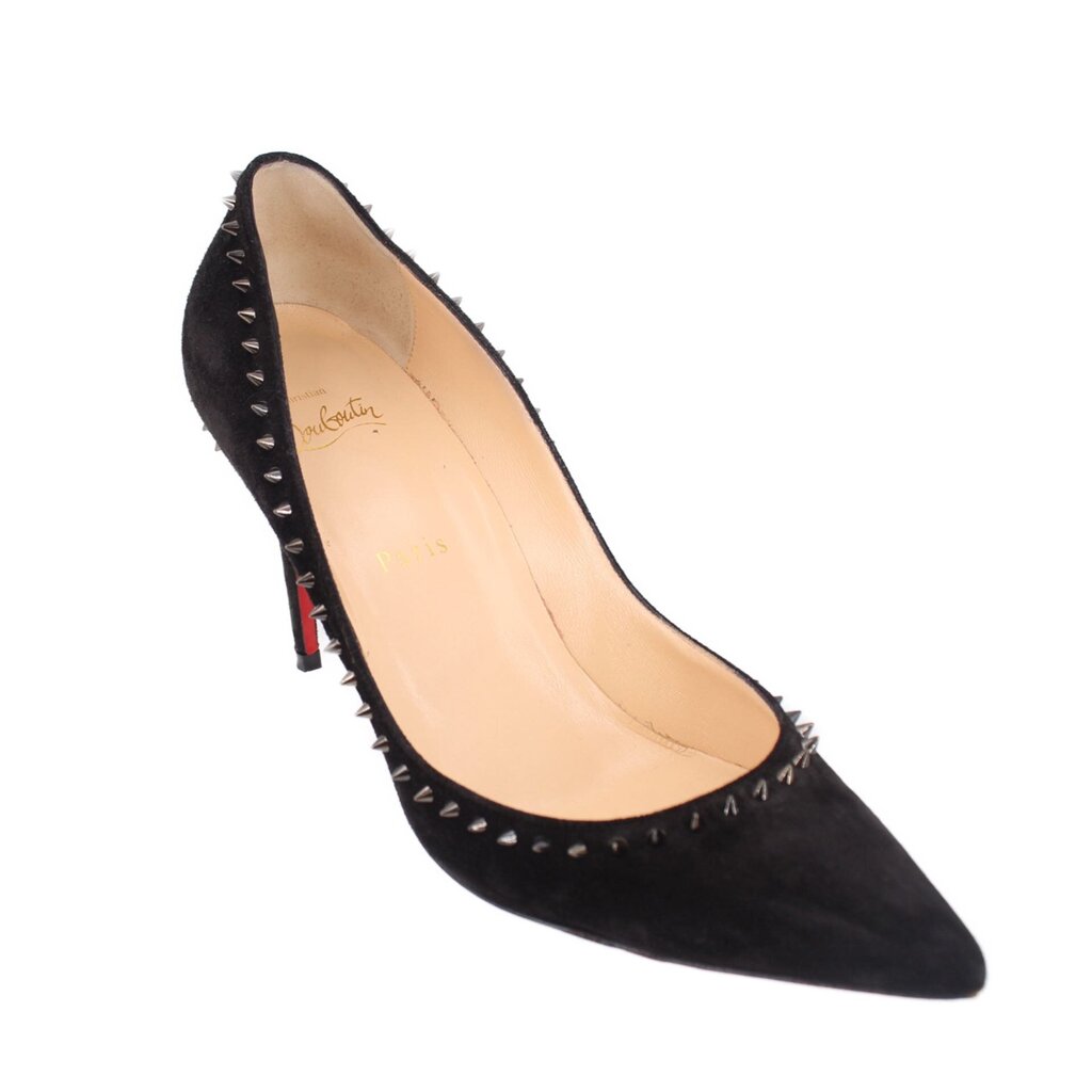 Black suede spike-heel pump with pointed toe and studded trim, side view