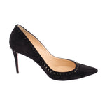 Black suede spike-heel pump with pointed toe, front 3/4 view, studded edging