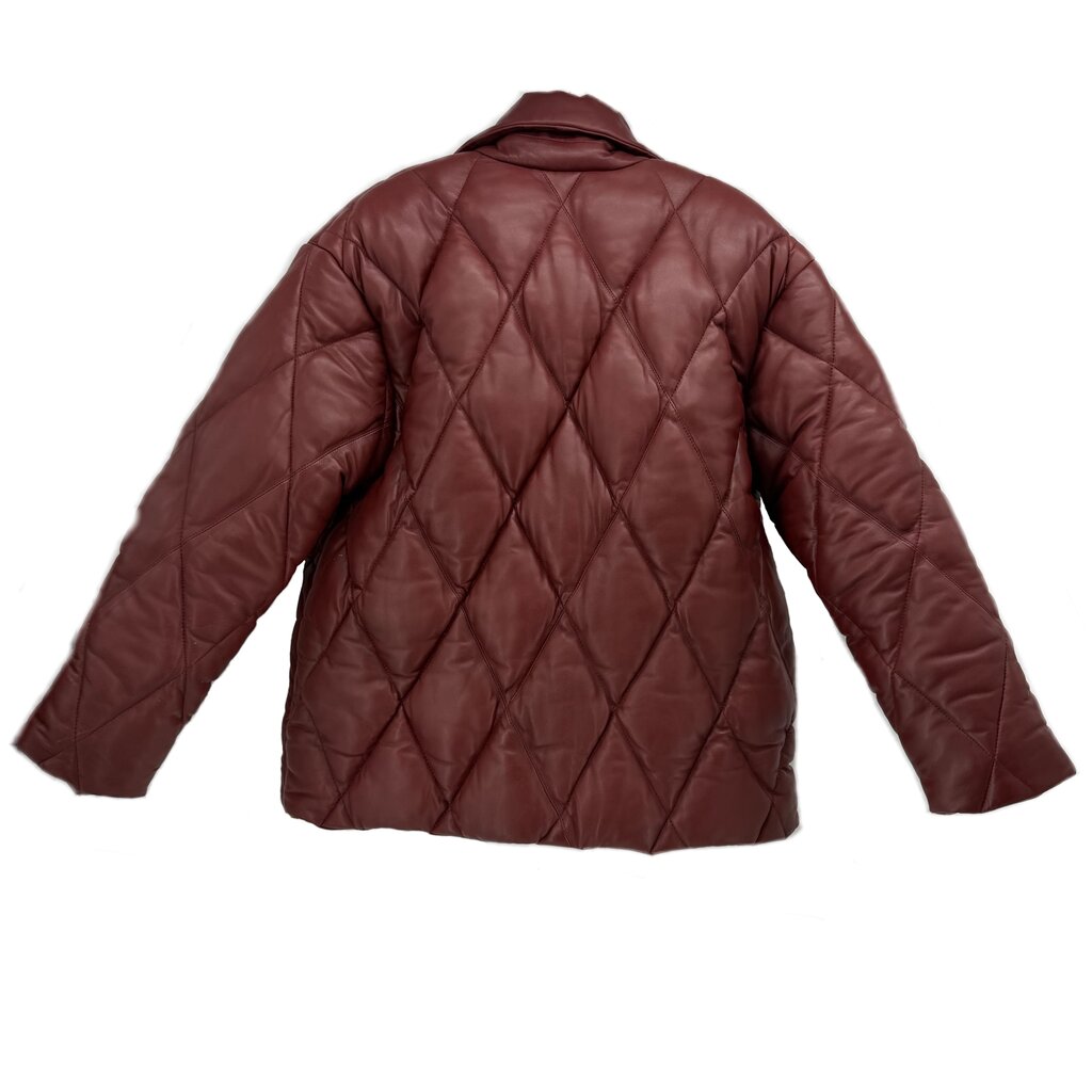 Back view burgundy quilted jacket with diamond stitching and stand collar