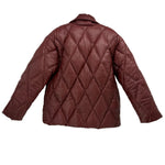 Back view burgundy quilted jacket with diamond stitching and stand collar