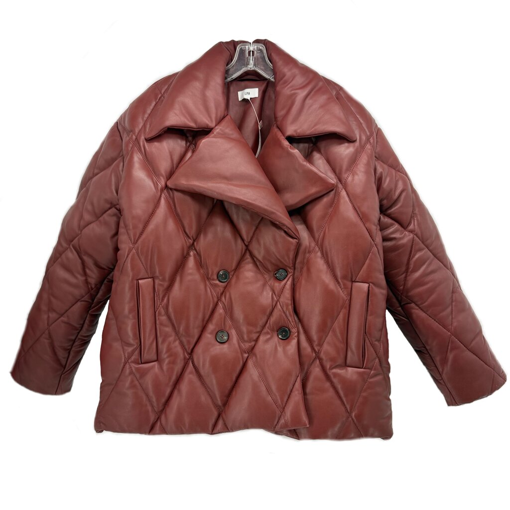 Burgundy quilted jacket with double-breasted button front and stand collar