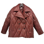 Burgundy quilted jacket with double-breasted button front and stand collar