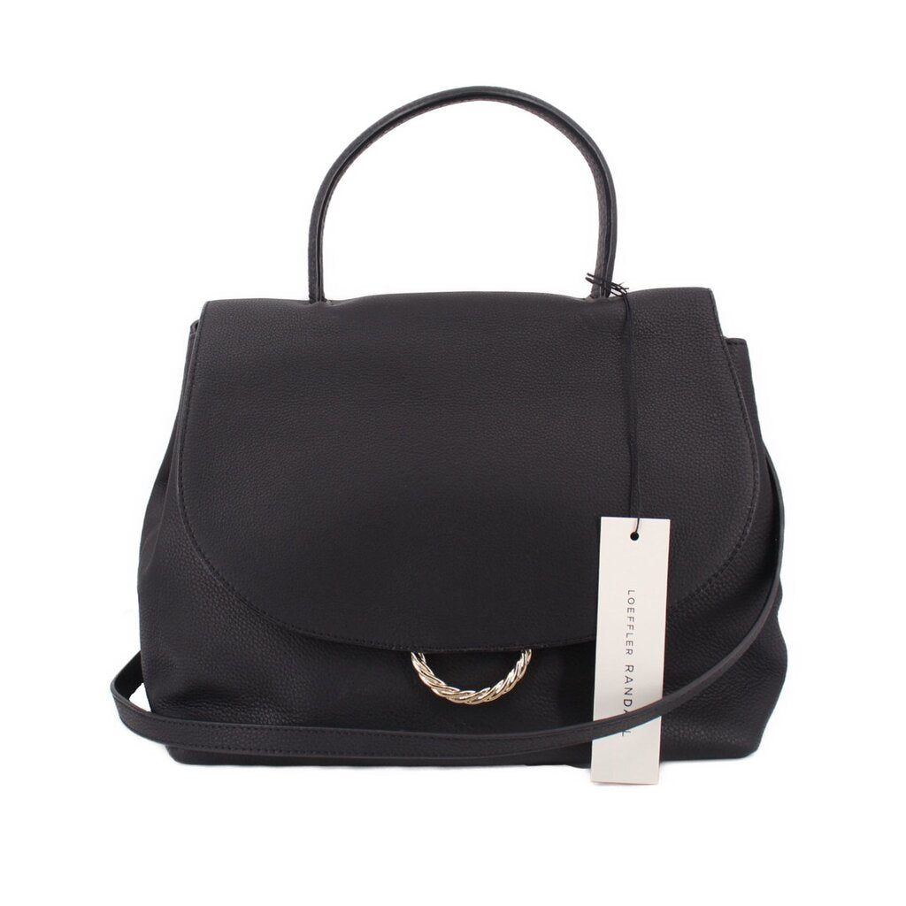 Black leather crossbody bag with top handle, flap front, and braided rope detail