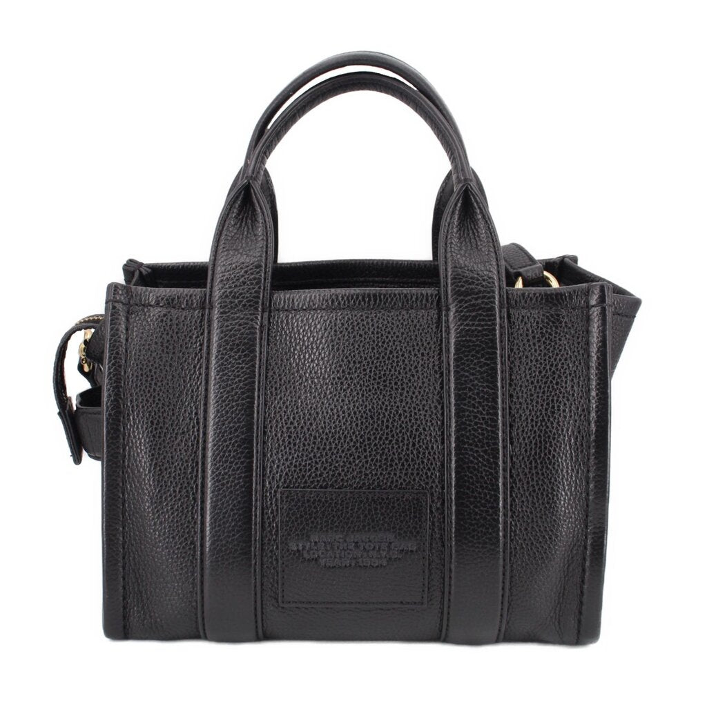 Small black leather tote bag with front center panel and top handles