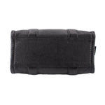 Small black leather tote bag with reinforced top flap and stitched detail