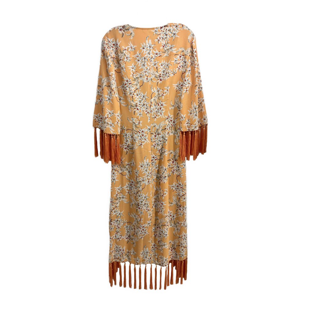 Orange floral fringe jacket with tassel trim at sleeves and bottom hem