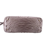Gray croc-embossed satchel base with metal feet and side hardware, back view