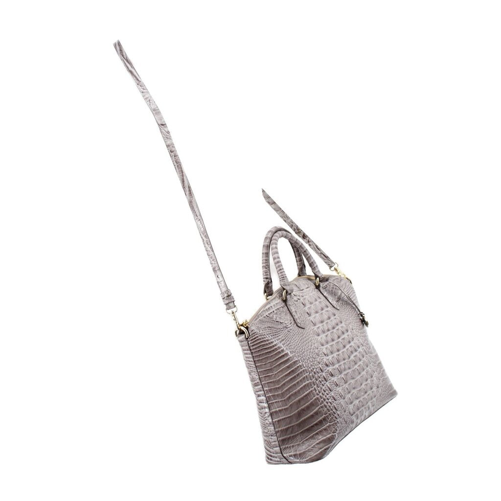 Gray croc-embossed satchel with long shoulder strap and gold-tone hardware, angled