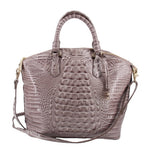 Gray croc-embossed satchel with top handles and detachable crossbody strap