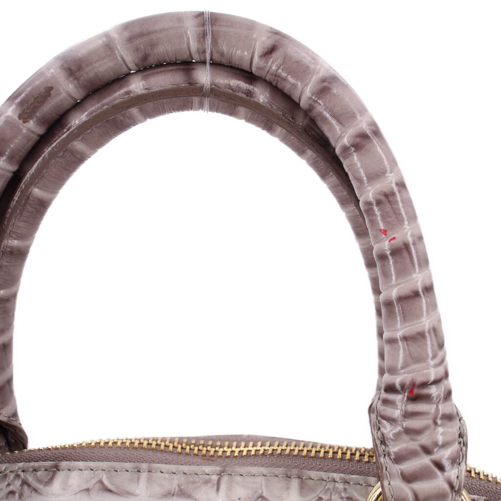 Gray croc-embossed satchel top handle and gold zipper close-up