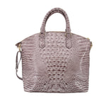 Gray croc-embossed satchel with two top handles and side straps, front view