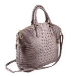 Gray croc-embossed satchel with front panel and gold-tone hardware, side view