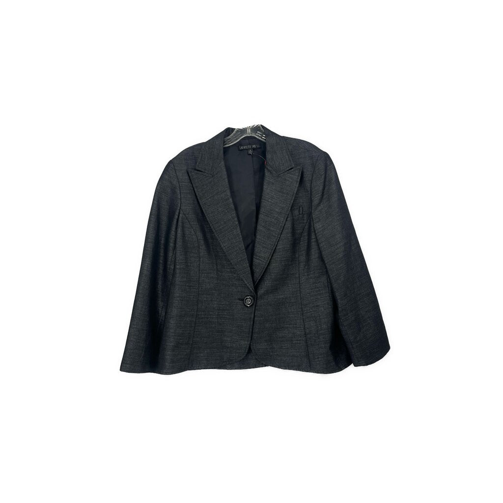 Gray one-button blazer with notch lapels