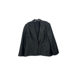 Gray one-button blazer with notch lapels