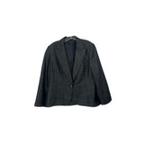 Gray one-button blazer with notch lapels