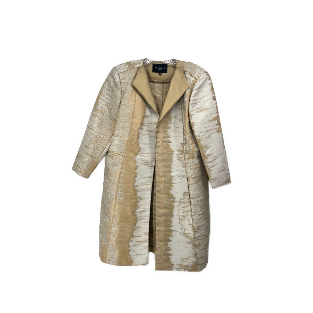 Cream and gold print open-front duster top with notched collar and long sleeves
