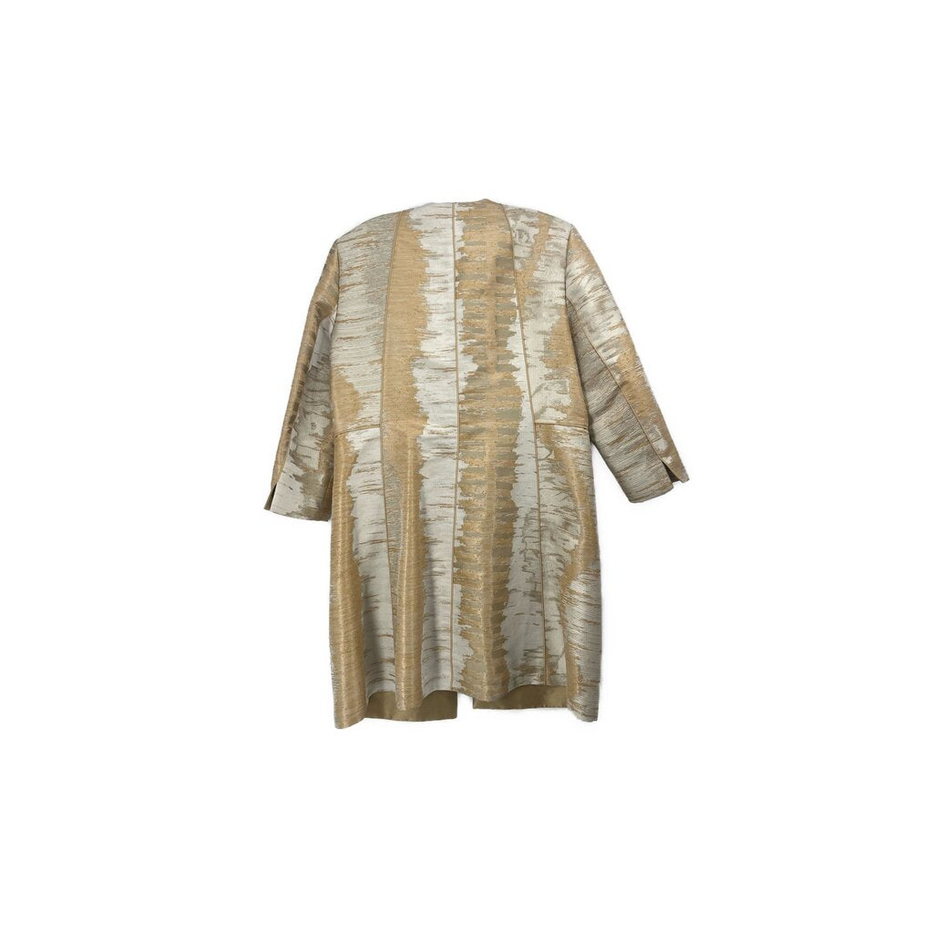 Cream and gold print duster top, back view with long sleeves