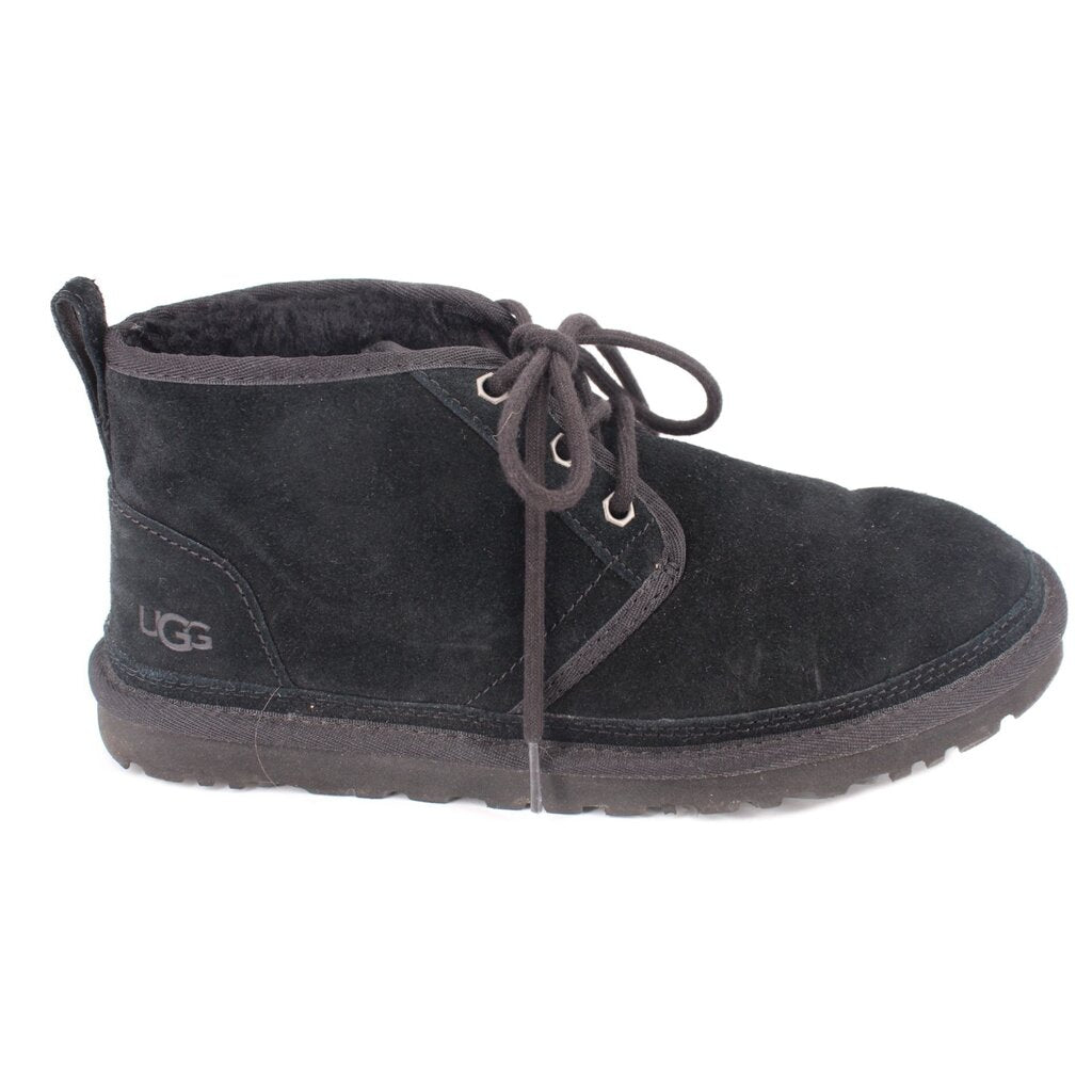 Black suede booties with lace-up front and UGG side logo