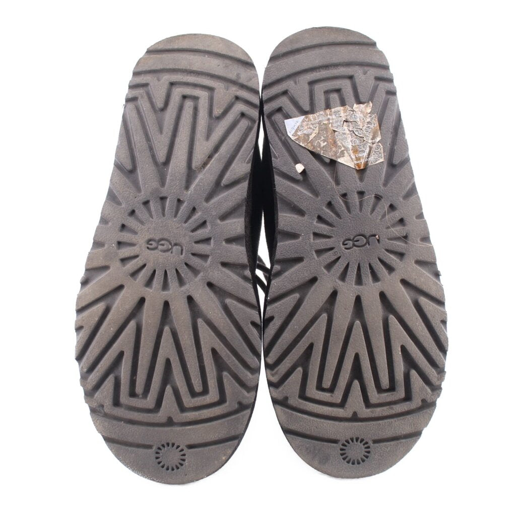 Black rubber outsole bottoms with tread pattern and UGG markings