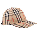 Burberry plaid trucker hat in beige with black and red checks, curved brim