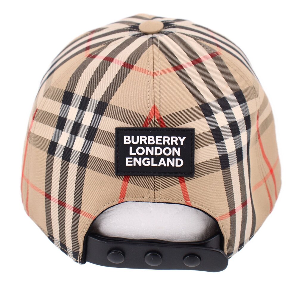 Burberry plaid trucker cap with logo patch and snap back, beige black red checks