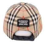 Burberry plaid trucker cap with logo patch and snap back, beige black red checks
