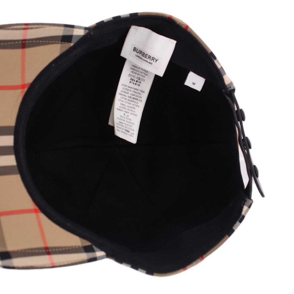 Burberry plaid trucker hat interior with brand label, black lining and brim backing