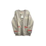 Printed cardigan with button front, V-neck, gray camo print and red trim at cuffs