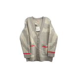 Printed cardigan with button front, V-neck, gray camo print and red trim at cuffs