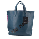 INTOXIC blue textured tote bag with top handles and bold graphic print