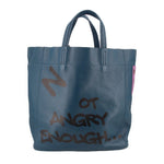 INTOXIC blue textured tote bag with front graphic text and pink label