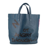 INTOXIC blue textured tote bag with front graphic text and pink label