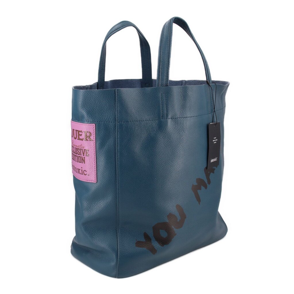 INTOXIC blue textured tote bag with side pink tag and graphic lettering
