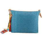 Teal snake-texture zip crossbody bag with side fringe tassel and keychain