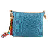 Teal snake-texture zip crossbody bag with side fringe tassel and keychain