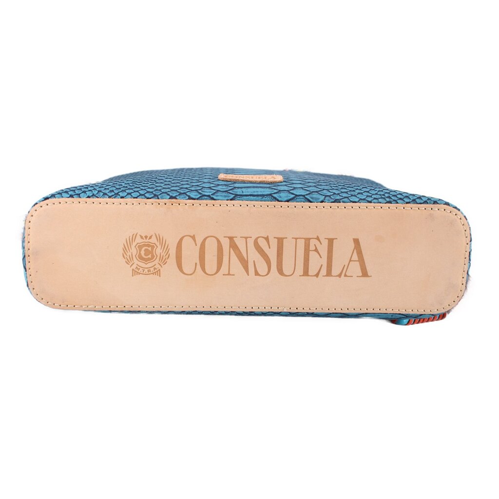 Teal crossbody bag with CONSUELA logo back patch and tan edge trim
