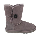 UGG gray suede boots with front strap and large button closure, fuzzy lining
