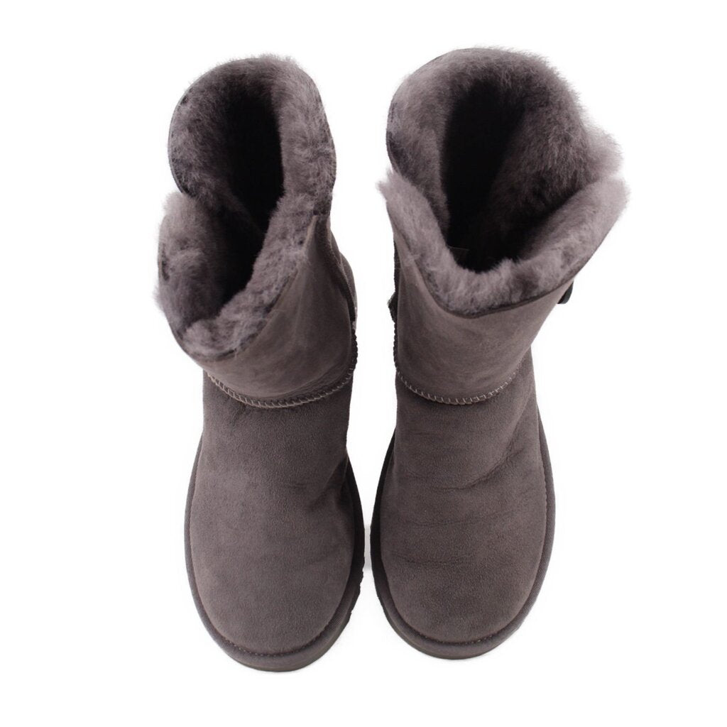 UGG gray suede boots with open collar showing plush lining